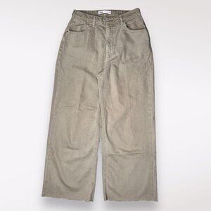 Zara Wide Leg Jeans Green Denim Raw Hem High Rise Approx Size 0